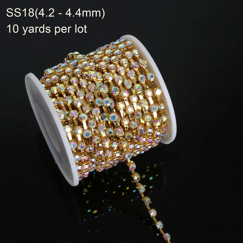 AB Color 10 ярдов/рулон, SS6-SS18, высокая плотность, кристаллы, стразы, цепочка, Золотая основа, коготь, закрывает чашку, цепь, пришивается на клей, сделай сам, отделка, отделка - Цвет: AB Color