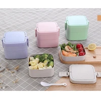 lunch box with spoon wheat straw cartoon double deck portable bento food storage container for kids students school microwavable
