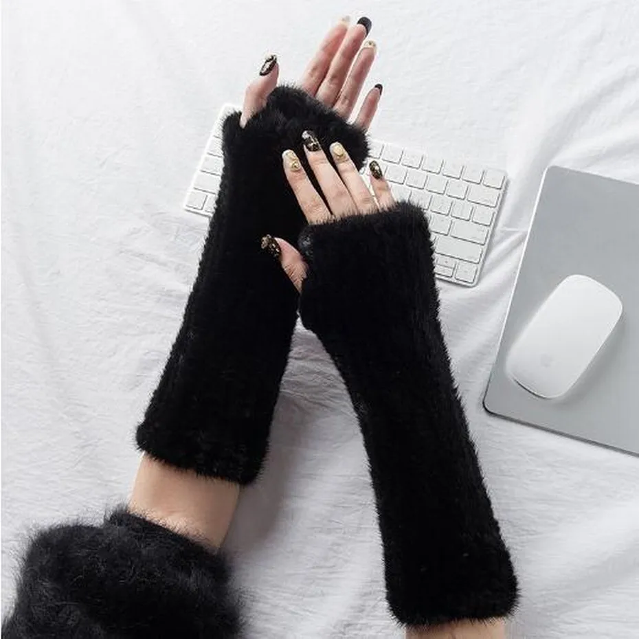 ZDFURS* новые рукавицы из меха норки модные меховые перчатки черные коричневые зимние вязаные перчатки из меха норки варежки 30 см/40 см - Цвет: 30cm black