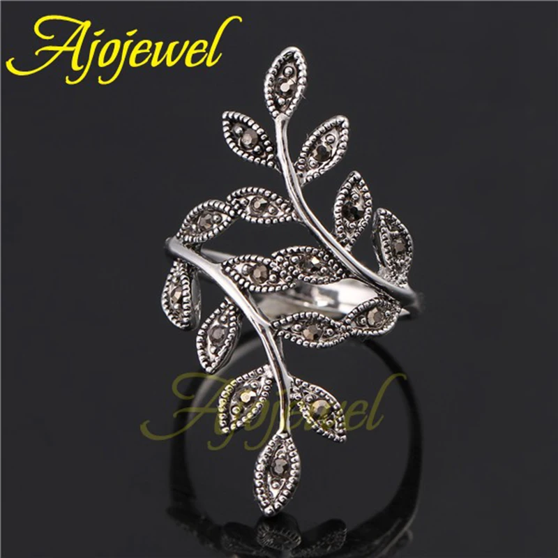 Ajojewel, размер 6-9, черные стразы, античный лист, кольцо для женщин,, винтажные женские ювелирные изделия