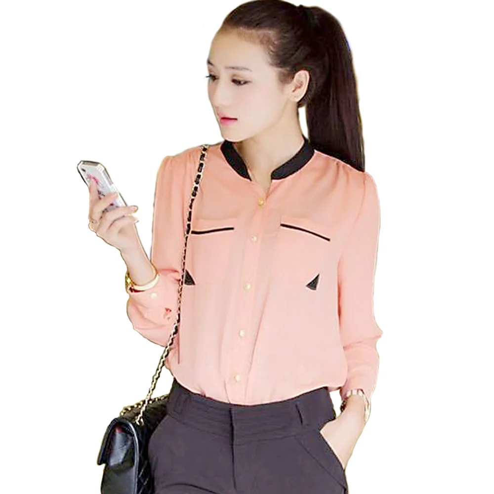 Женская шифоновая блузка с воротником стойкой длинным рукавом|chiffon blouse|korean womentop