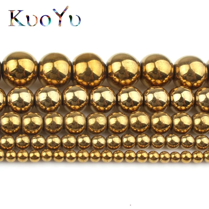 Круглые бусины-разделители из гематита с натуральным золотым покрытием для