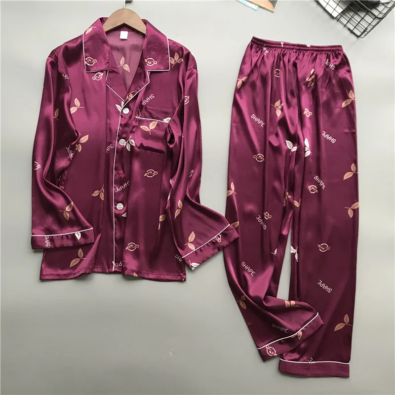 New brand men pajama set long sleeve silk men's pajamas print casual home clothes male sleepwear pyjama suit pijama hombre