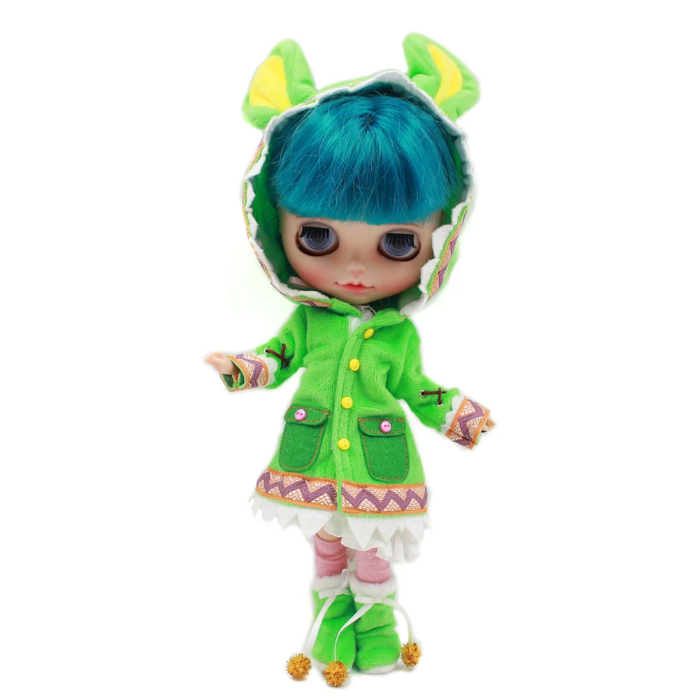 Наряд для куклы Blyth Зеленый Динозавр пальто и обувь с белым платьем носками 1/6