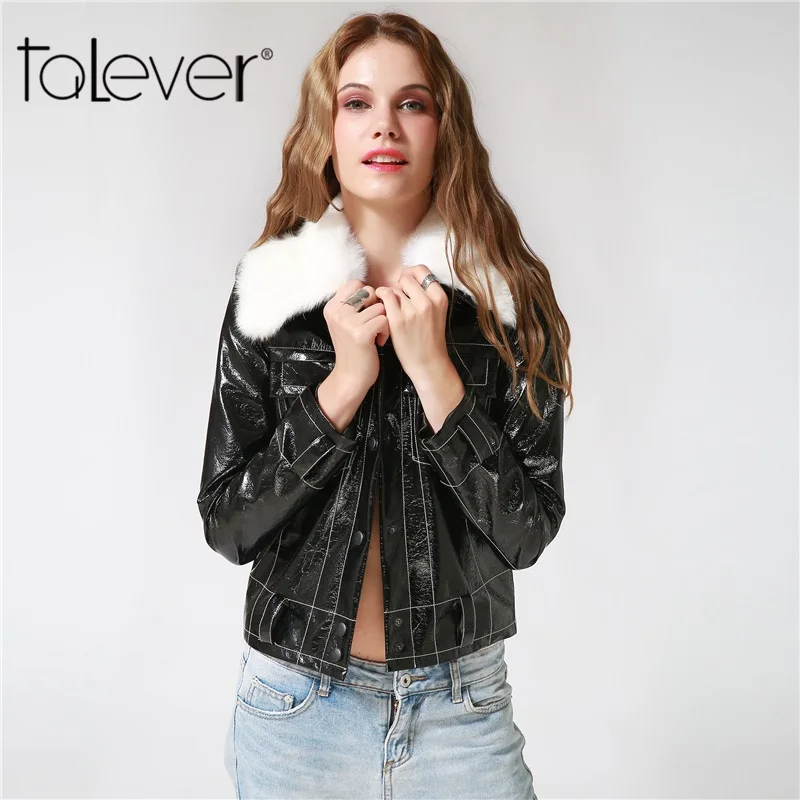 Женская кожаная куртка с отстегивающимся воротником Talever повседневная короткая