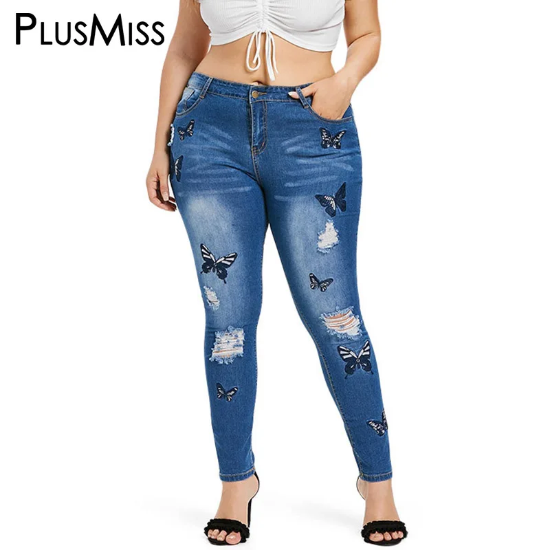 PlusMiss размера плюс 5XL 4XL узкие вышитые Рваные джинсы джинсовые штаны с вышивкой в