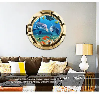 3D creative submarine window sea wall sticker decals ocean fishes undersea wallpaper kids home livingroom bedroom bathroom decor | Дом и сад