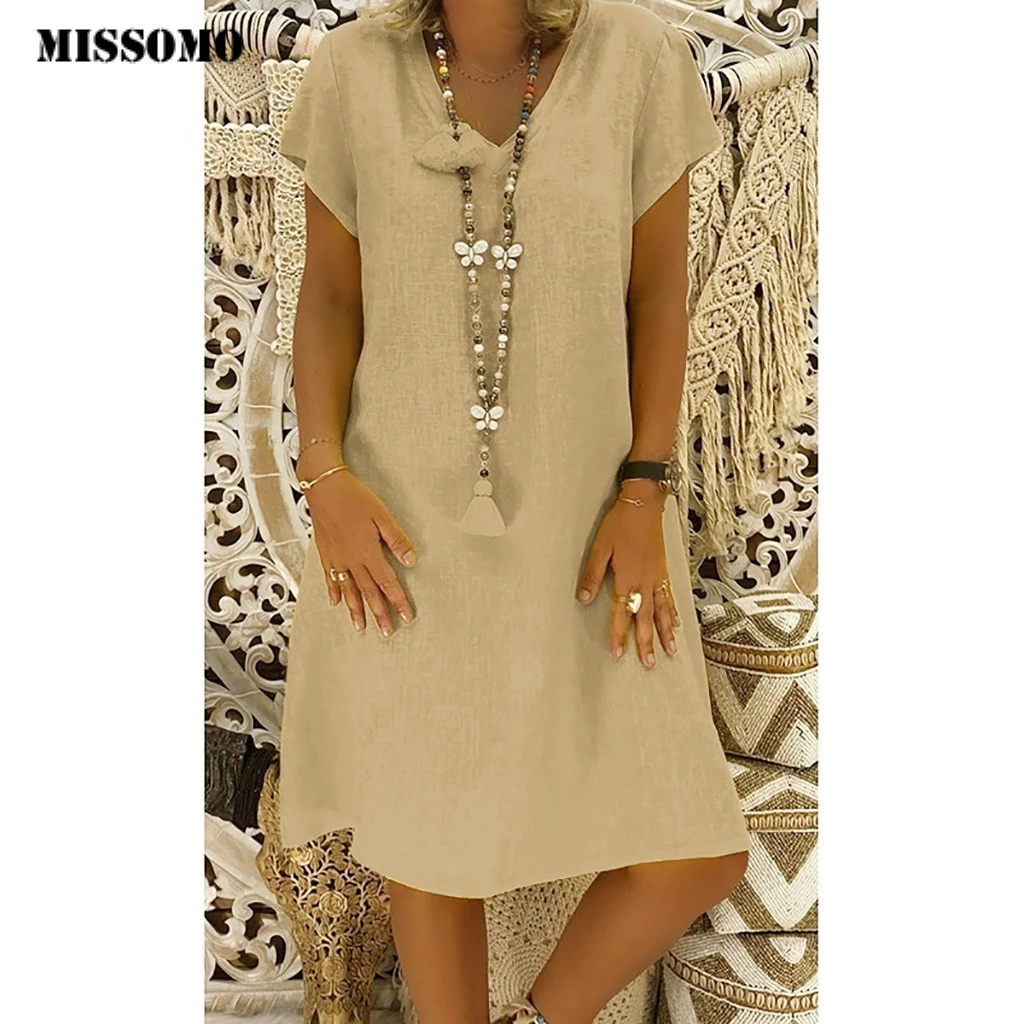 MISSOMO 5XL женское длинное платье из хлопка и льна летнее повседневное пляжное с v