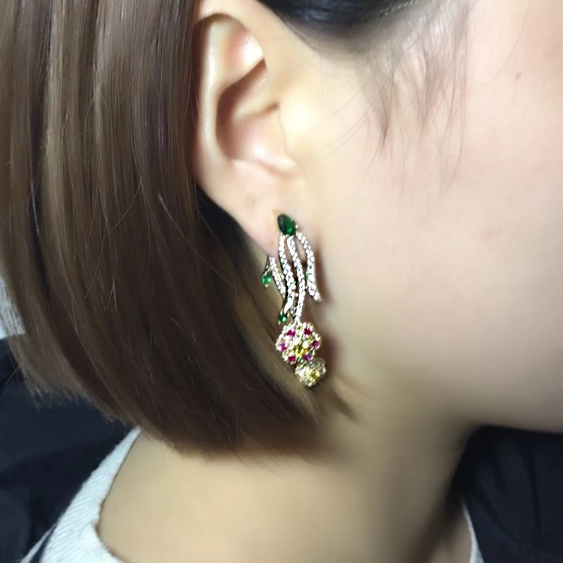 Elegant Multicolor Rose Flower Party Drop Earrings For Women Wedding Yellow Gold Color CZ Stone Long Brnicos | Украшения и