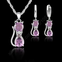 fine accessory jewelry sets purple real pure 925 sterling silver cute cat shaped cute set necklace and earrings new