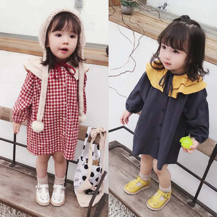

Girls Dress 2018 Autumn New Baby Girl Long Slssve Plaid Dress Kids Lotus Leaf Collar Cute Casual A-line Dresses Vestido Infantil