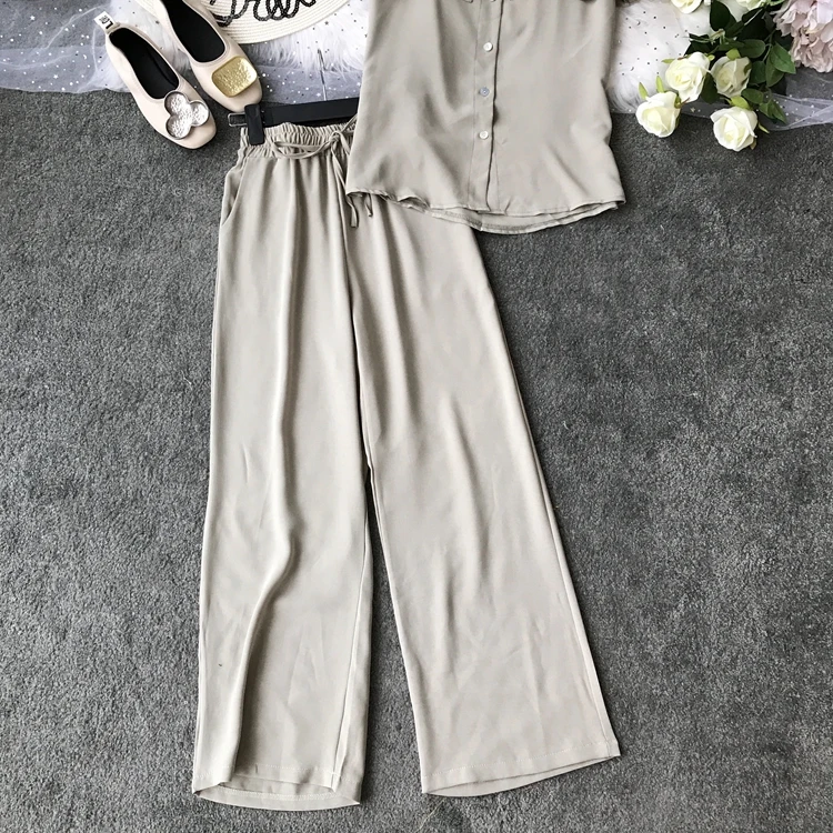 ALPHALMODA/ летний однобортный Топ с оборками+ широкие брюки, Женский повседневный комплект из 2 предметов, женские летние однотонные штаны, костюмы