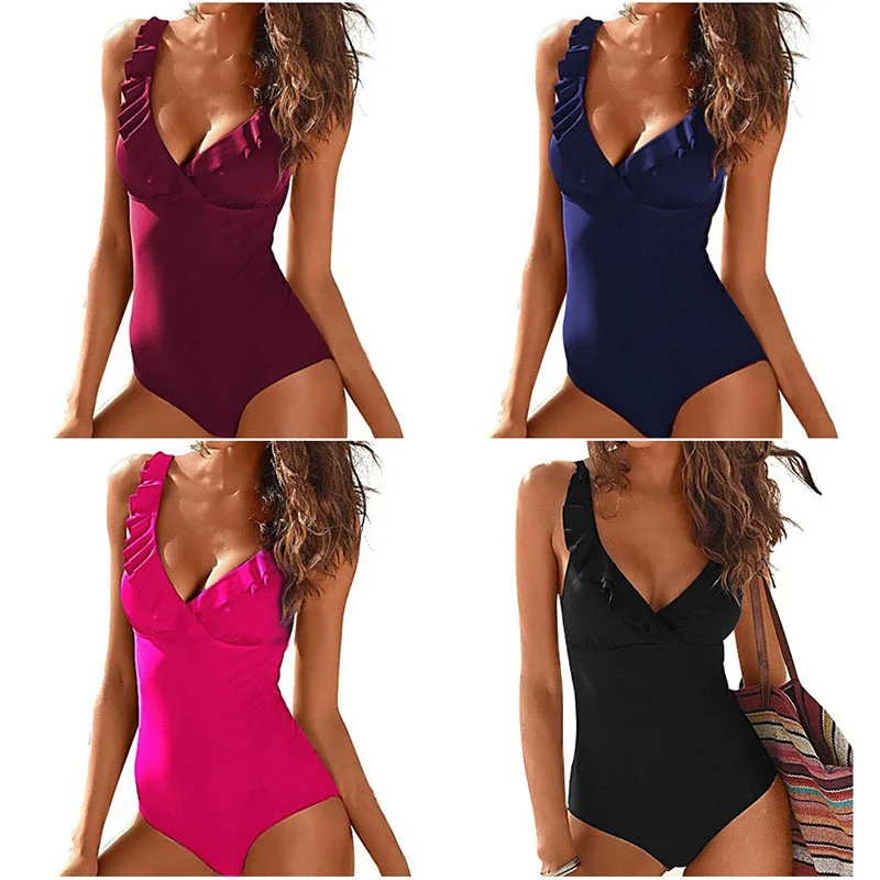 

New Solid Falbala Summer One-piece Swimsuit Women Ruffle V-neck Padded Monokini Girls Beach Bathing Suit Swimwear