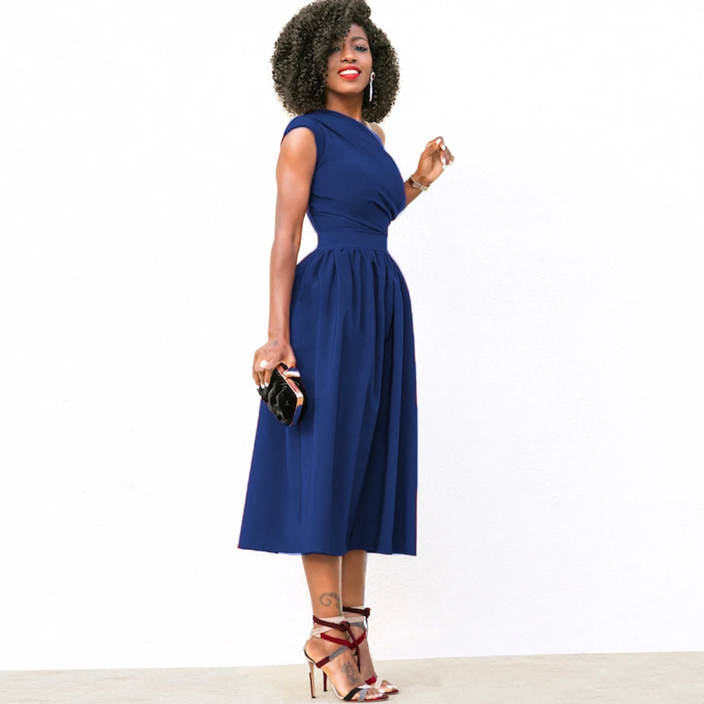 

Dower Me One Shoulder Black Party Dress Sleeveless Midi A-line Blue Vestidos Ruched Streetwear Pockets Red Club Women Dresses