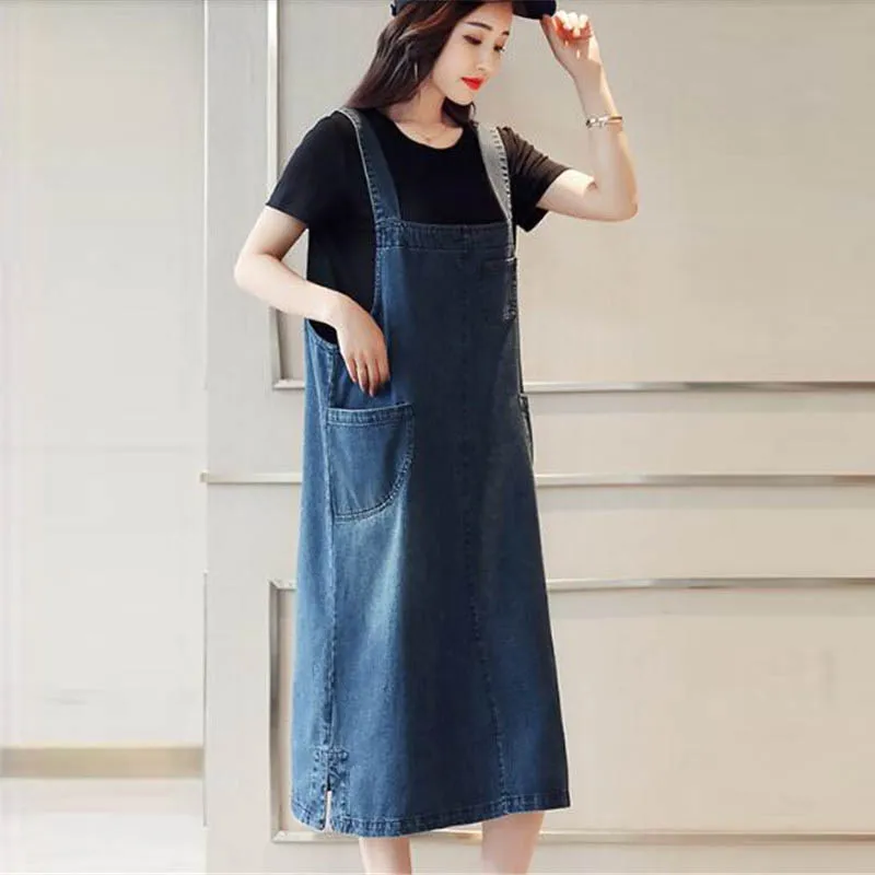 Платье из джинсовой ткани весенне-летнее платье большого размера + подтяжки