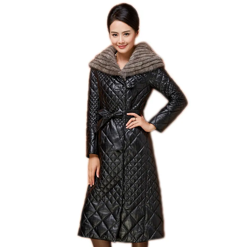 black QAZXSW кожа овчина пальто Новая зимняя Женская куртка из натуральной кожи плюс размер Норковое Пальто с меховым воротником длинная куртка LH1278 - Цвет: black