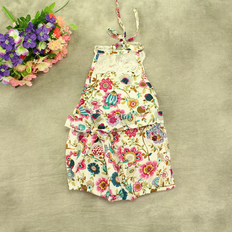 Летние белые Дэн с цветочным принтом без рукавов Детские ползунки Винтаж для