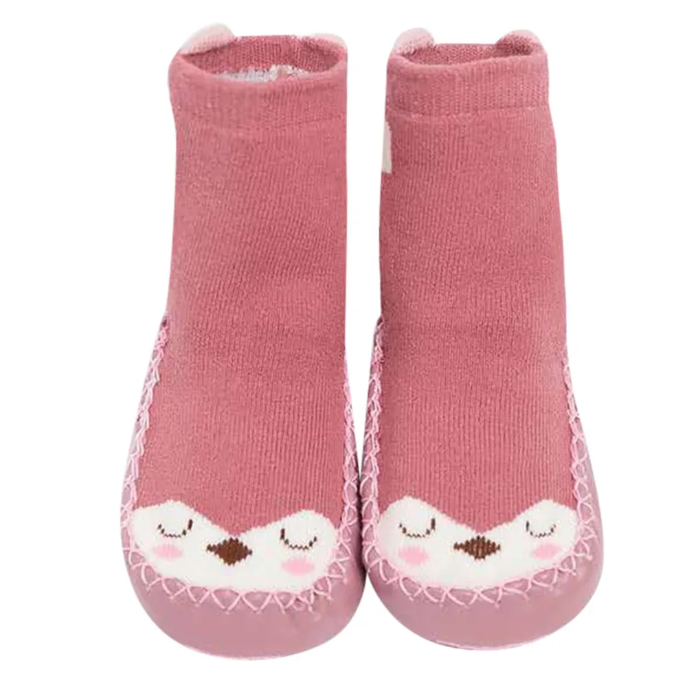Pink Детские носки для малышей милые хлопковые толстые теплые нескользящие носки с рисунками животных для мальчиков и девочек Тапочки Skarpetki Calcetines Bebe - Цвет: Pink