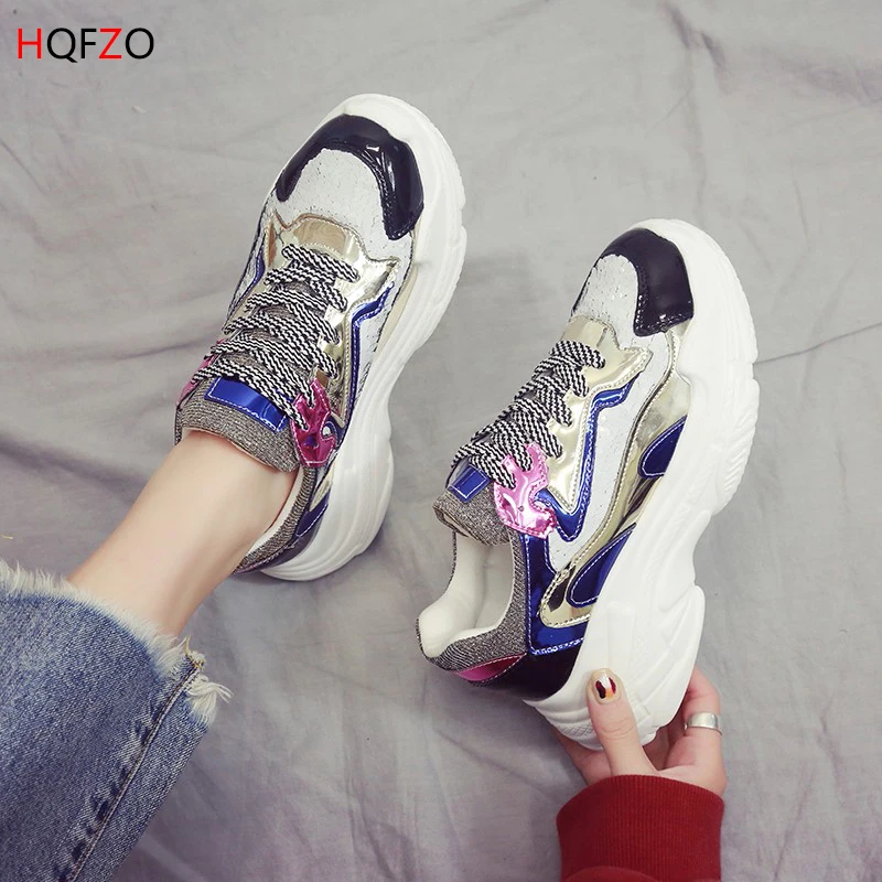 HQFZO 2019 Fashion Pantshoes Bling Platform Vulcanize Sneakers Spring Wedge Lace-Up Women Shoes Breathable Casual Female | Обувь
