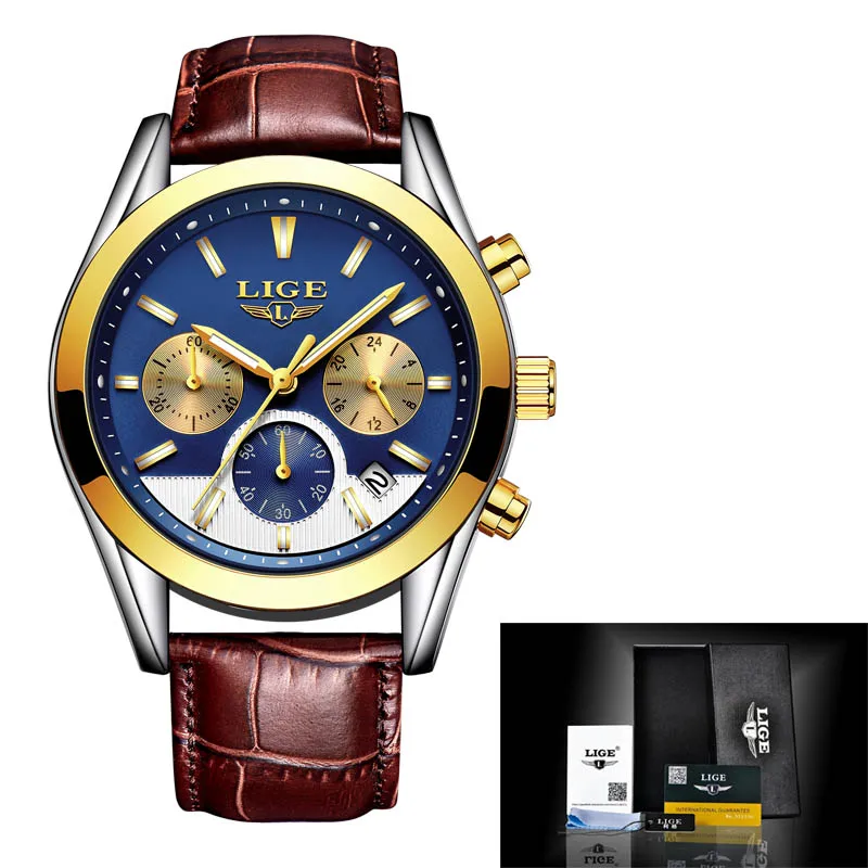 Gold blue L Relojes Hombre LIGE мужские часы Лидирующий бренд Роскошные коричневые кожаные деловые кварцевые часы мужские военные спортивные водонепроницаемые часы - Цвет: Gold blue L