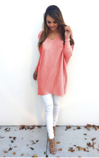 pink orange Новинка, модные женские осенние трикотажные толстовки с v-образным вырезом, женские толстовки с капюшоном, пуловеры с длинным рукавом, повседневные длинные толстовки - Цвет: pink orange