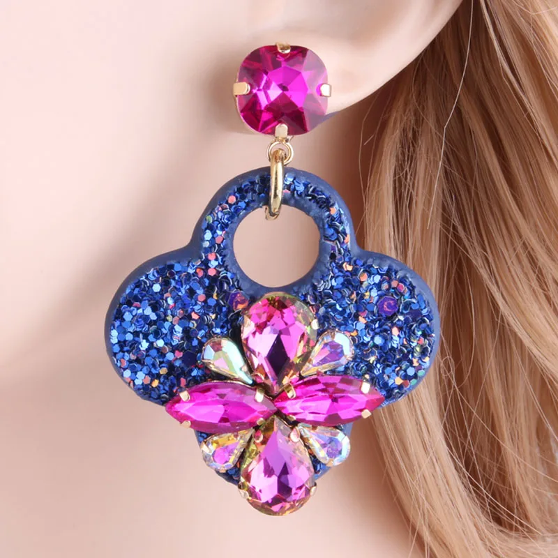 NeeFu WoFu серьги-капли из кожи с кристаллом в виде клевера большие длинные серьги