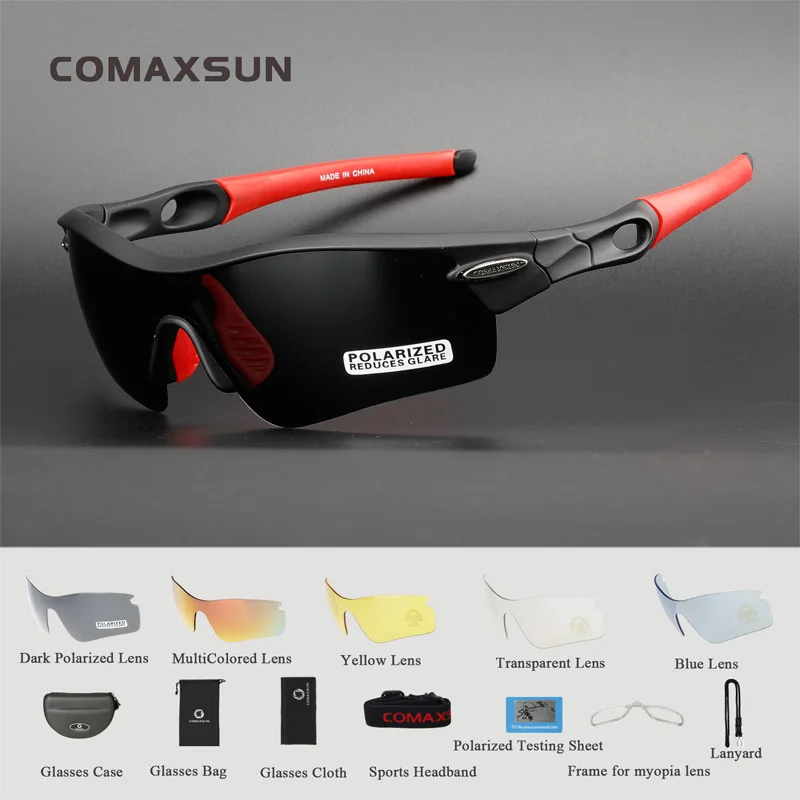 Black Red COMAXSUN, Профессиональные поляризованные велосипедные очки, велосипедные очки, спортивные велосипедные солнцезащитные очки, UV 400, с 5 линзами, 5 цветов - Цвет: Black Red