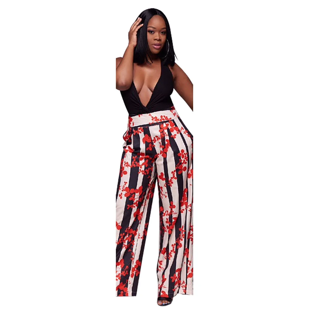 

Bohemian Floral Print Wide Leg Pant Casual Women Red Blue High Waist Pockets Full Length Loose Trousers Calca Feminina