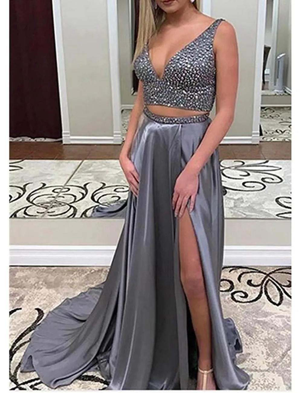 Robe De Soiree, два предмета, вечернее платье, длинное,, сатин, с бисером, v-образный вырез, официальное платье, женское, элегантное, vestido de festa