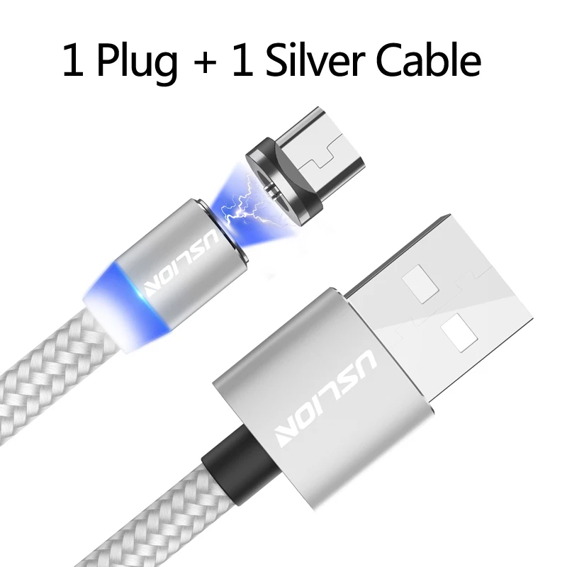 USLION 1 м светодиодный магнитный кабель и Micro USB кабель и usb type C Магнитный зарядный кабель для samsung S10 iPhone Xs Max XR X 8 7 6 Plus - Цвет: Silver