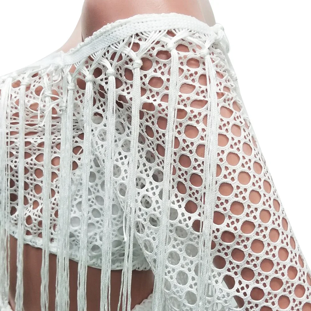 

2019 Summer New Women Set Off shoulder Hollow Sexy Fashion Tube Grid Tassel Perspective Puff Sleeve Mesh Two-Piece Suit Female