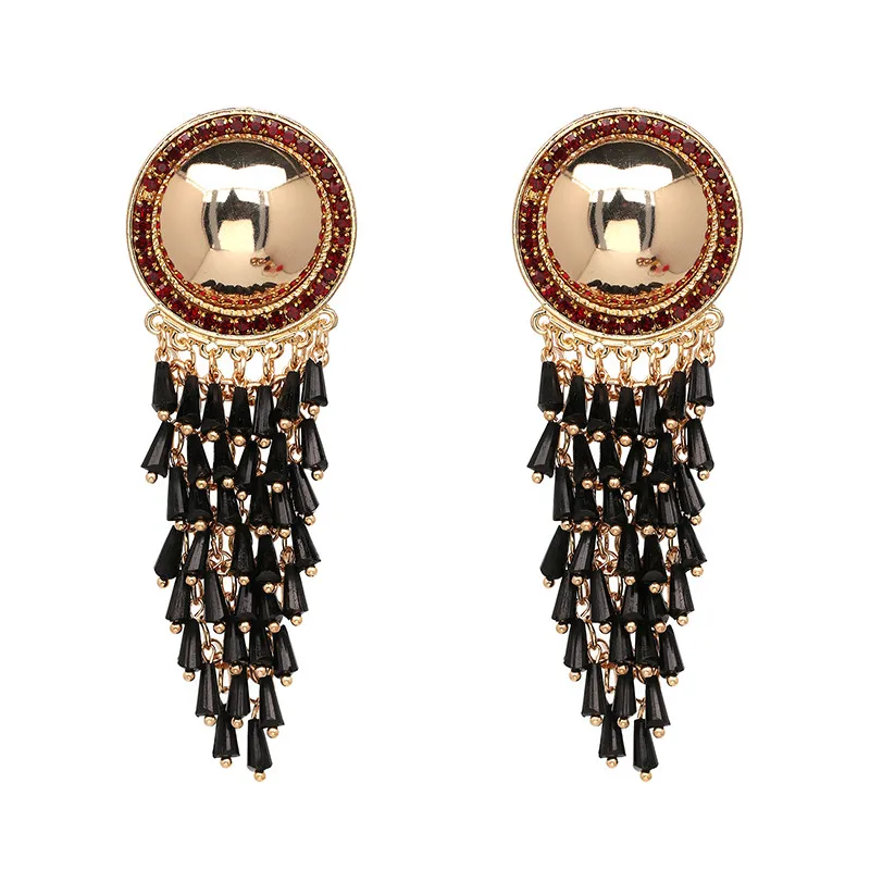 Модные женские висячие серьги Boho с кристаллами и бусинами, женские серьги с бахромой, ювелирные изделия, серьги с кисточками - Окраска металла: Black1