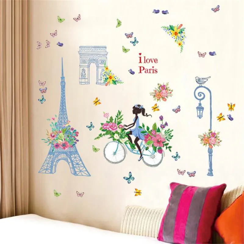 IDFIAF девушка езда велосипед Бабочка Цветы наклейки на стену для детей комнаты