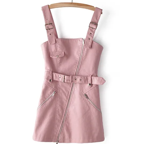 Korean fashion PU leather straps slim waistband Harajuku women's dress 2019 autumn new slim college wind female dress Black pink