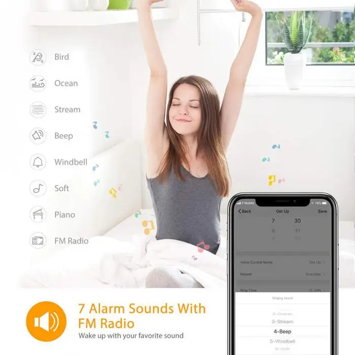 Wi-Fi голосовой звуковой будильник светодиодный имитации восхода солнца с fm-радио Повтор часы DC120
