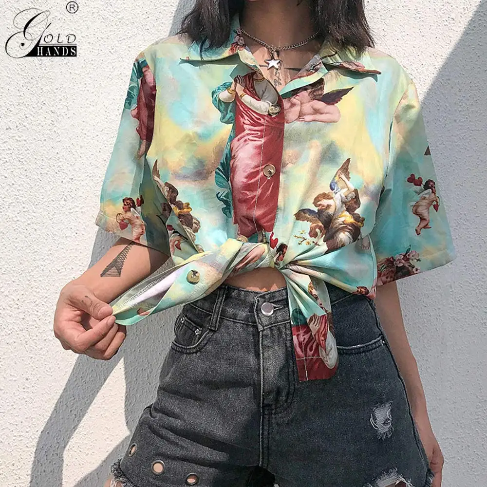 Gold Hands Vintage Aesthetic Cupid Angel Print Women Blouse Shirt Cardigan Short Sleeve Summer Tops Graphic Button | Женская одежда