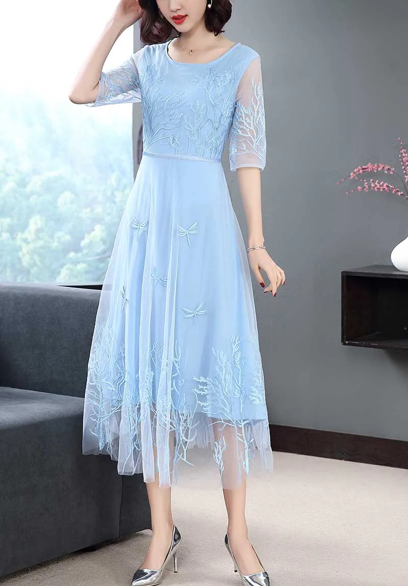 spring women Party style floral blue dress Mesh Heavy work embroidery Water flower Hollow sleeve section Slim S-XL | Женская одежда