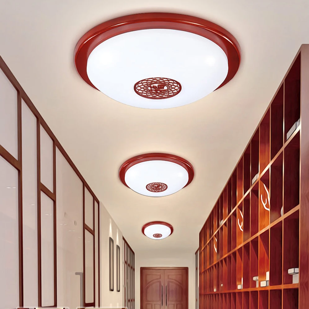 New Chinese Style Wooden Acrylic Carved LED Red Round Ceiling Light Lamp For Foyer Study Corridor Hallway Balcony Bedroom | Лампы и