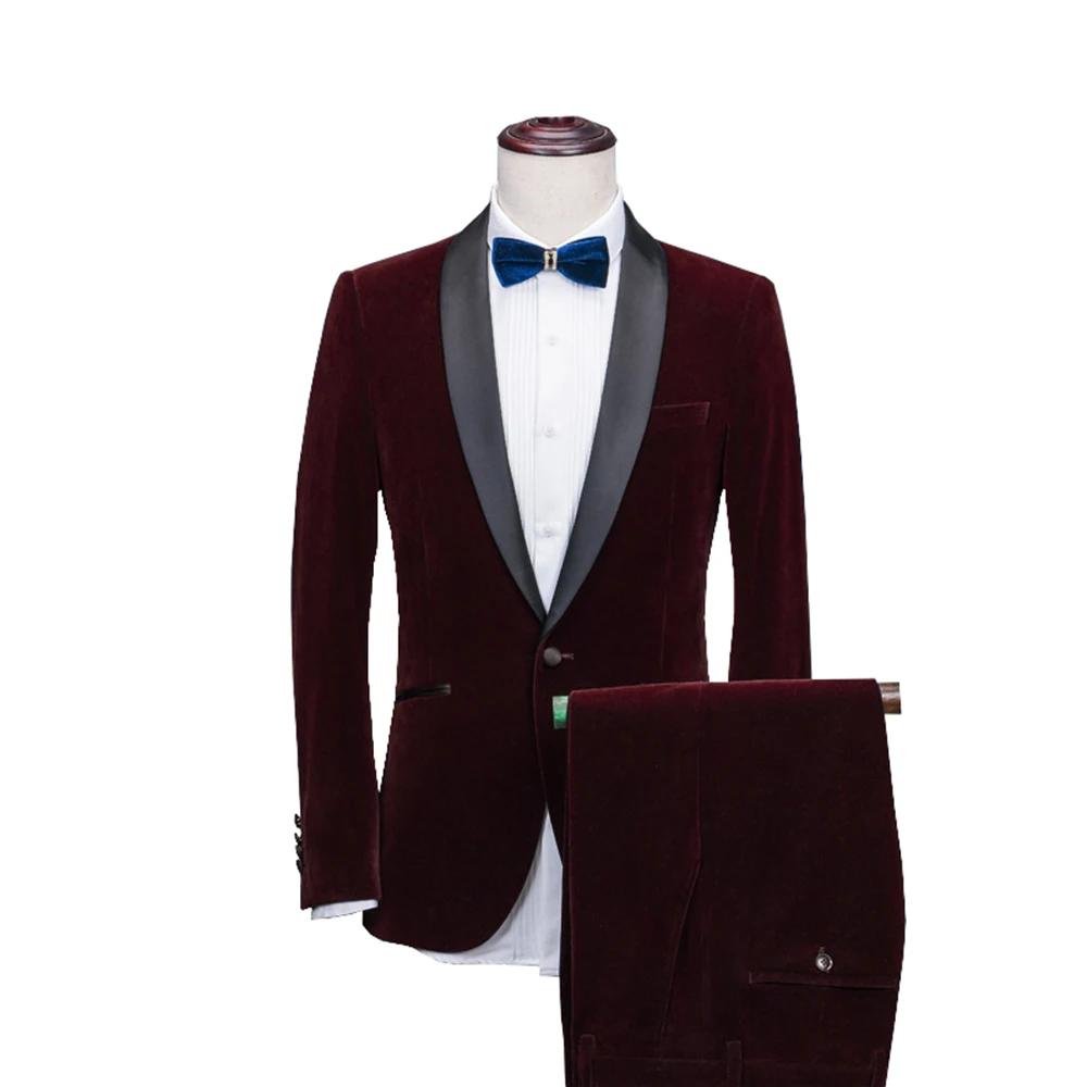 Мужские костюмы Шаль Воротник из 2 предметов Slim Fit синий бордовый черный зеленый костюм мужской Бархатный смокинг пиджак для свадьбы(Блейзер+ брюки+ галстук