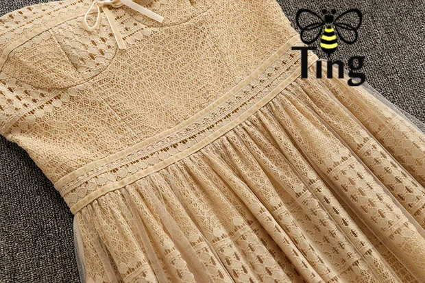 Tingfly, новинка, дизайнерское бежевое кружевное платье, женское элегантное вечернее платье, Открытое платье длиной до середины икры, ТРАПЕЦИЕВИДНОЕ ПЛАТЬЕ