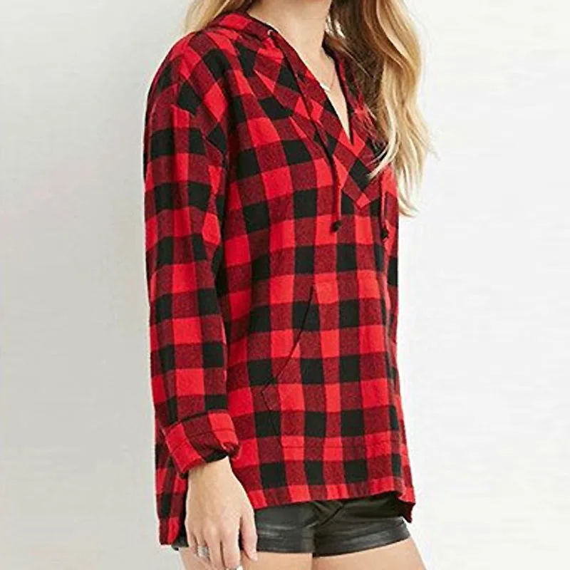 HEE GRAND 2018 Girls Blouses Spring Autumn Two Pockets Casual Loose Hoodies Red Black Plaid Shirts Women Blusas Feminina WCL1538 |