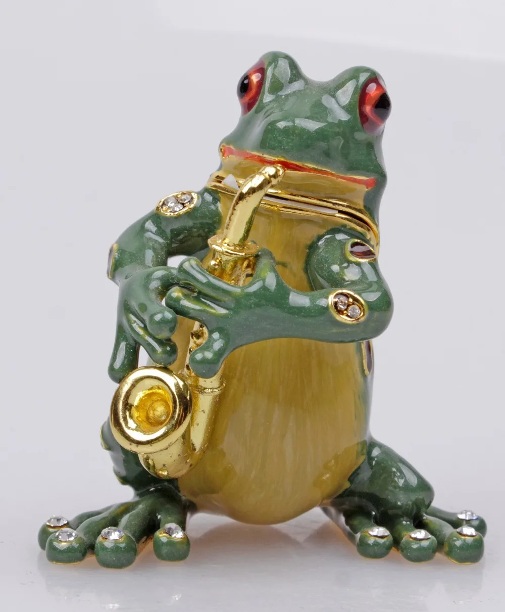 Gorgeous Frog Playing Saxophone Jewelled Trinket Box Jewelry Box with Inlaid Crystal, Pill Box Figurine