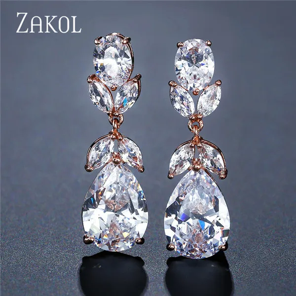 Rose Gold Color Фирма ZAKOL, высокое качество, белый цвет, кубический цирконий, кристалл, серьга с листом-подвеской для женщин, модное свадебное ювелирное изделие FSEP2218 - Окраска металла: Rose Gold Color
