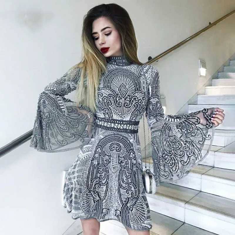 Женское кружевное мини платье с круглым вырезом и блестками|Женские платья| |