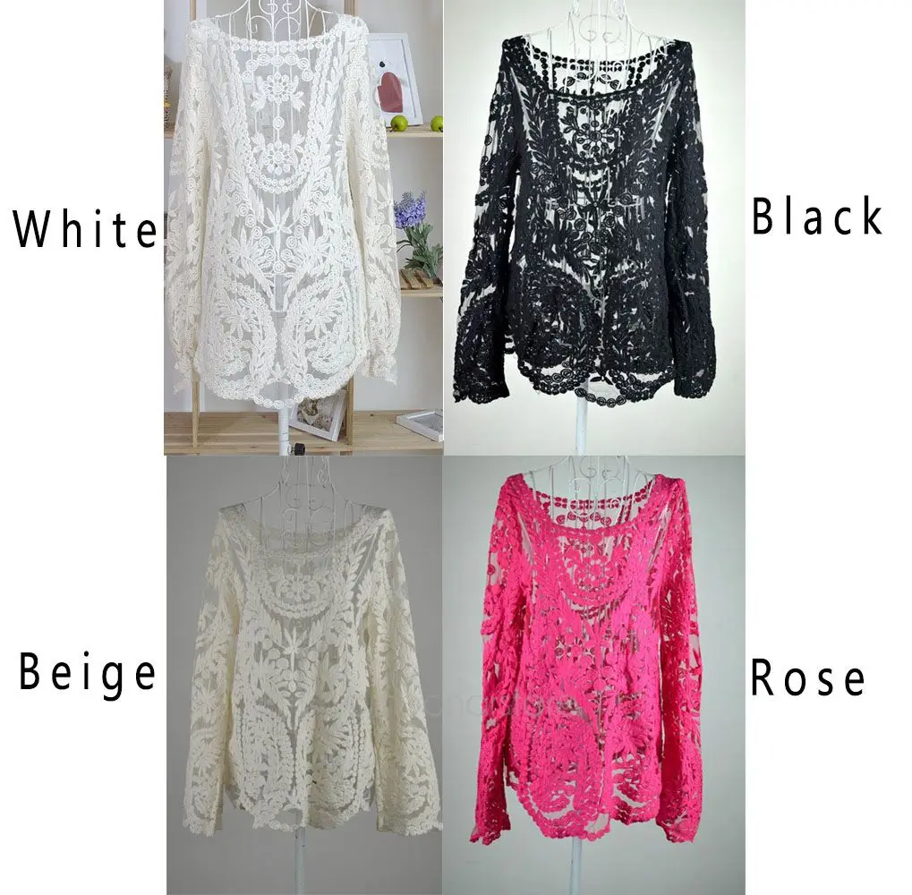 Blusas Femininas, женская сексуальная Кружевная блуза с длинным рукавом, топы, модные Ажурные вязаные топы