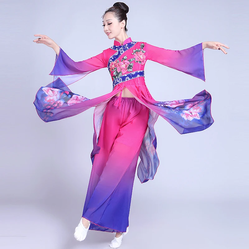 Chinese style Hanfu classical dance costumes female elegant fan costume Yangko clothing suit festival wear | Тематическая одежда и
