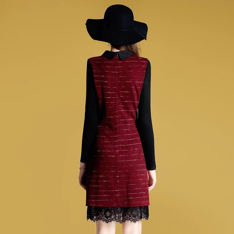 Women's Clothing 2018 New Autumn Fashion Pocket Knitting Lace Patchwork Dress Long Sleeves Peter Pan Collar Dresses Female | Женская