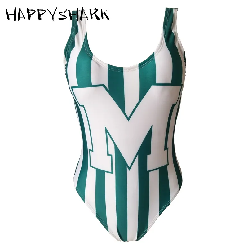 Спортивный купальник HAPPYSHARK в зеленую и белую полоску 2019 Цельный для сексуальных