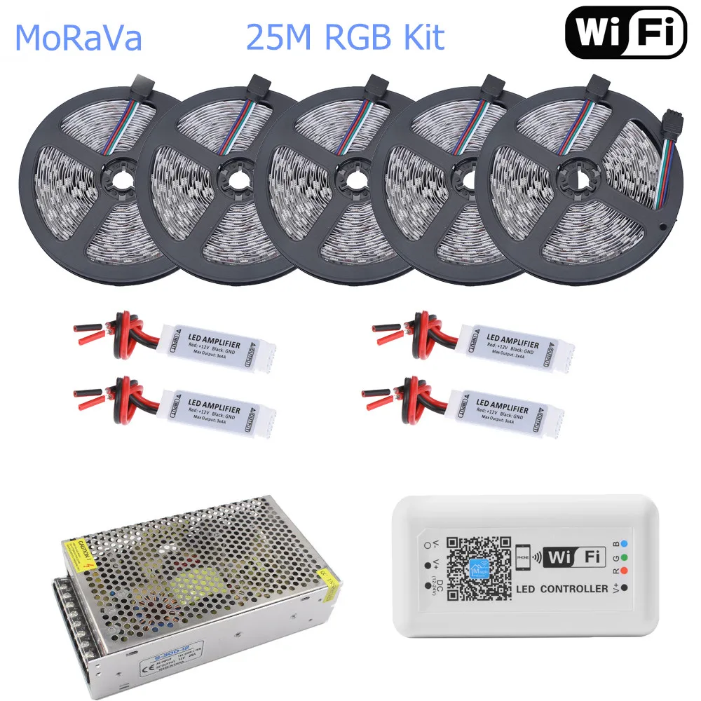 5, 10 м, 15 м, 20 м 25 м беспроводной доступ в Интернет RGB Светодиодные ленты DC 12V гибкий светодиодный лента SMD 5050 гирлянды светодиодные лампы для Гостиная Кухня украшения