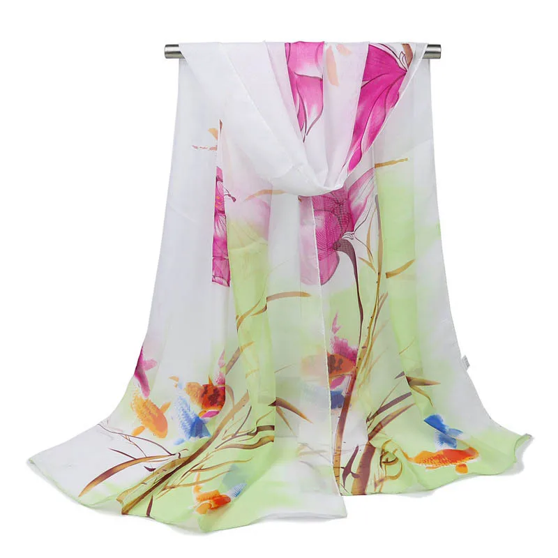 Woman Scarf New Arrival 2018 Summer Thin Silk Wild Chiffon Lotus Print Shawl Beach Towel Scarves for Ladies |
